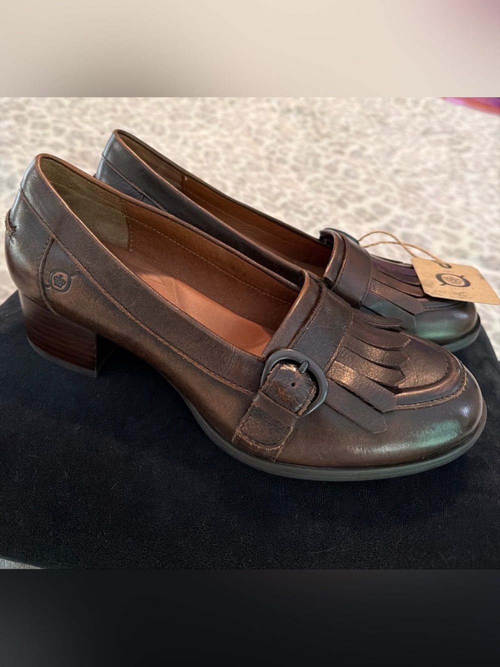 $120 NWT Born Lisette Burnished Kiltie Fring Buckle Block Heeled Loafer Shoes